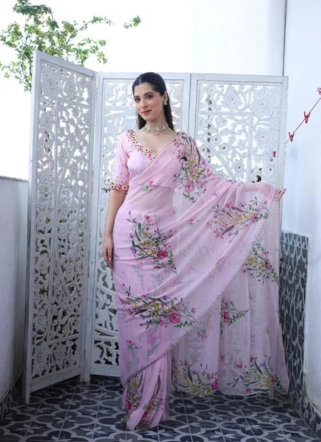 Tew Organza Fabric Flower Work With Border Saree Wholesale In India